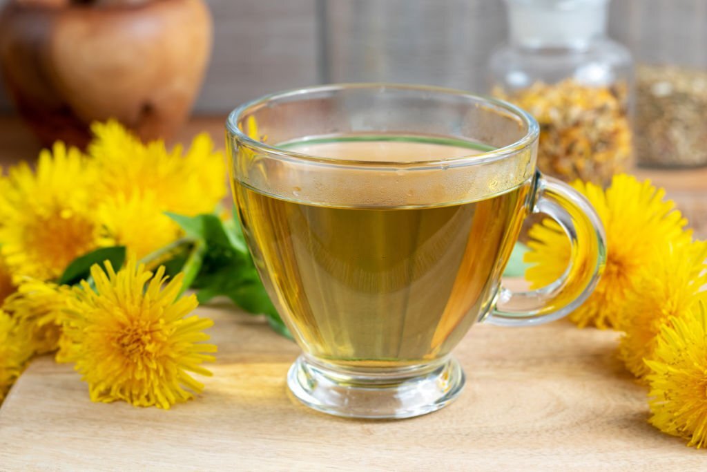 A cup of dandelion tea with fresh flowers and leaves
